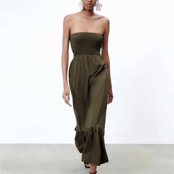 Zara Dresses & Skirts - *WORN ONCE* Zara linen blend smocked dress in dark olive green
